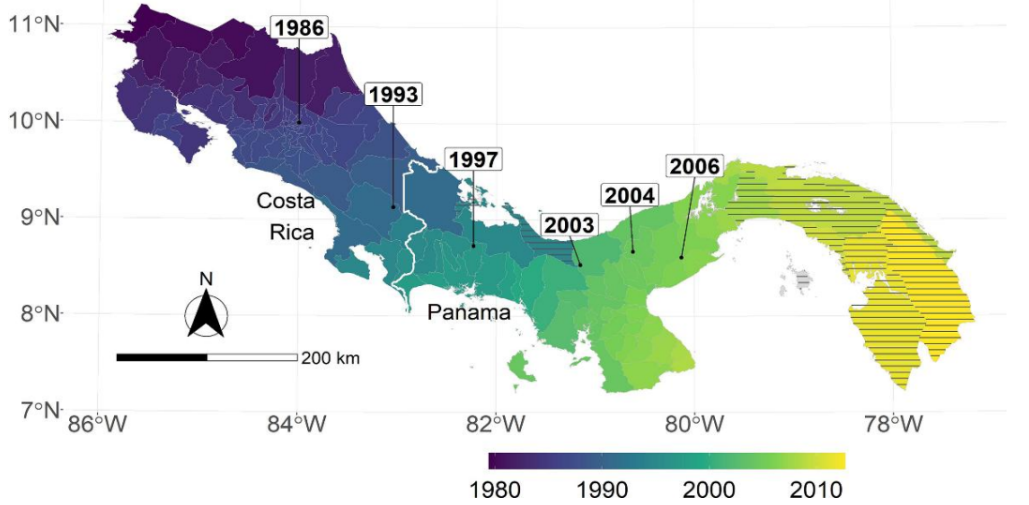 Karte von Costa Rica und Panama mit Jahresangaben und farbiger Zeitverlauf-Darstellung.